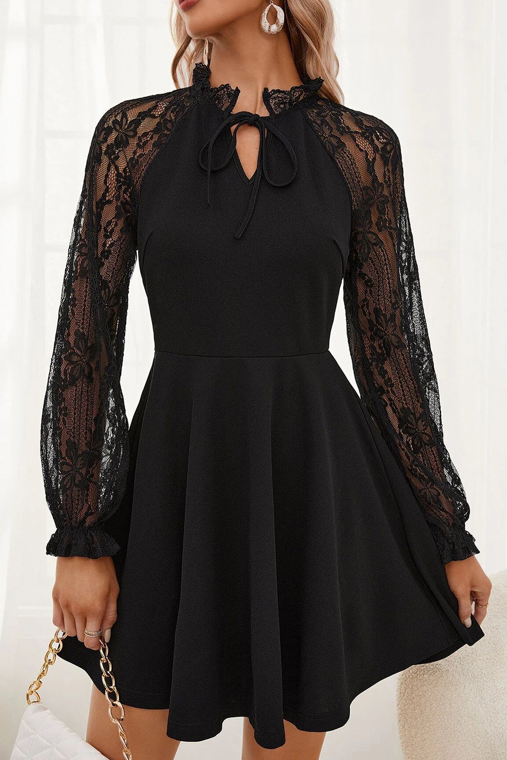 Black Lace Patchwork Long Sleeve Elegant Dress - The Fair Lady Shop