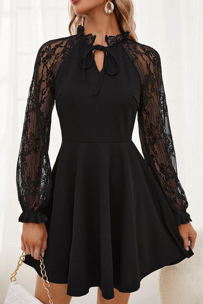 Black Lace Patchwork Long Sleeve Elegant Dress - The Fair Lady Shop
