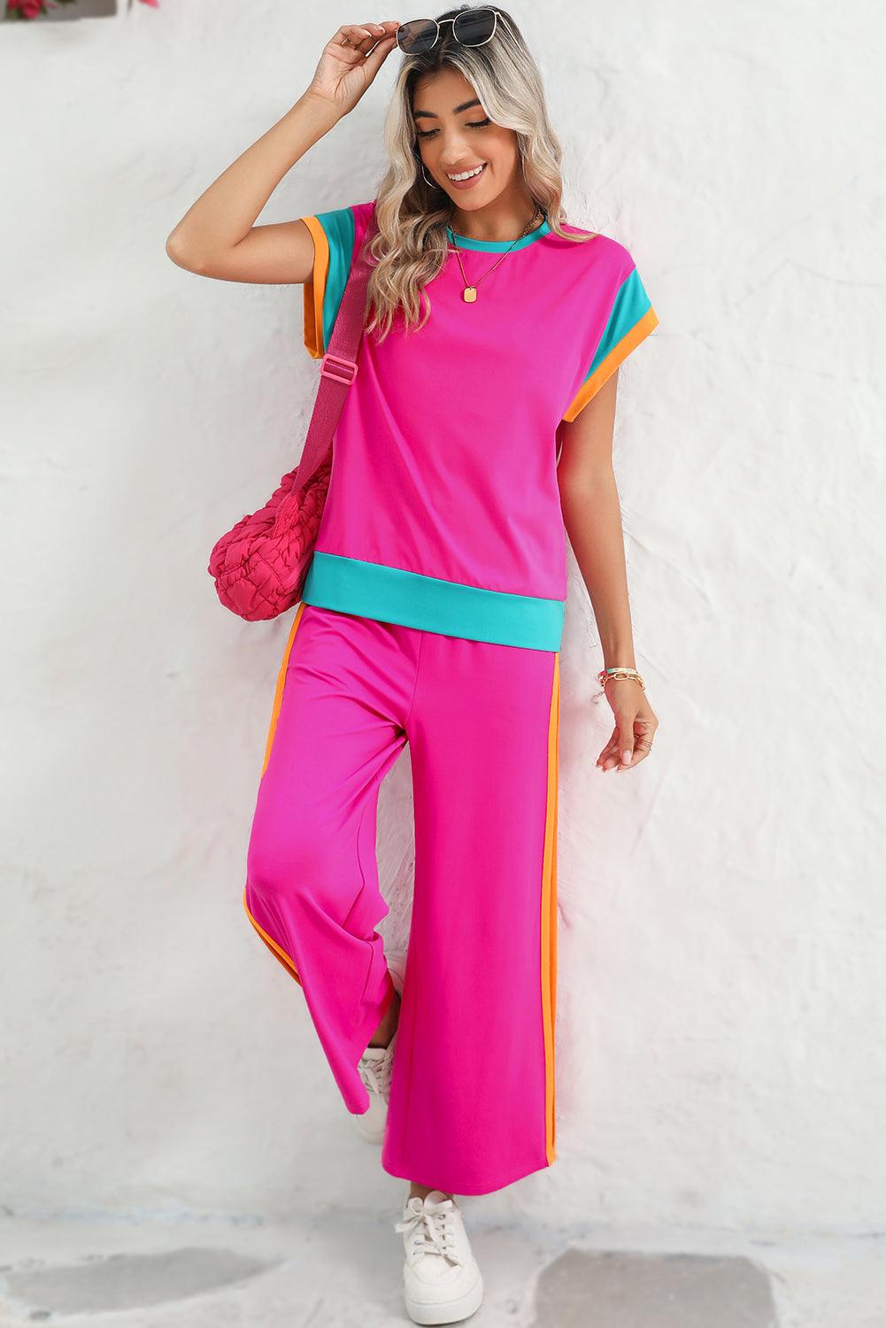 Chestnut Colorblock Cap Sleeve Tee and Wide Leg Pants Set - The Fair Lady Shop
