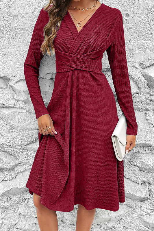 Burgundy Cross Wrap Long Sleeve Textured Dress - The Fair Lady Shop