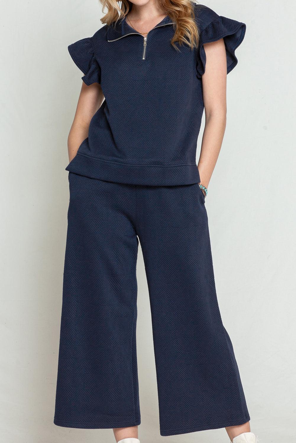 Black Textured Ruffle Cap Sleeve Top and Wide Leg Pants Set - The Fair Lady Shop