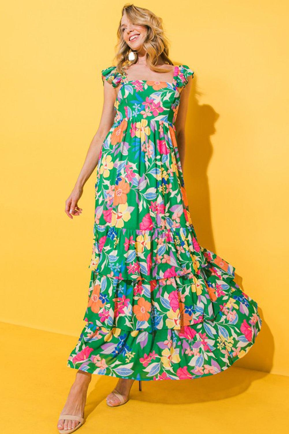 Pink Floral Print Sleeveless Ruffle Tiered Maxi Dress - The Fair Lady Shop