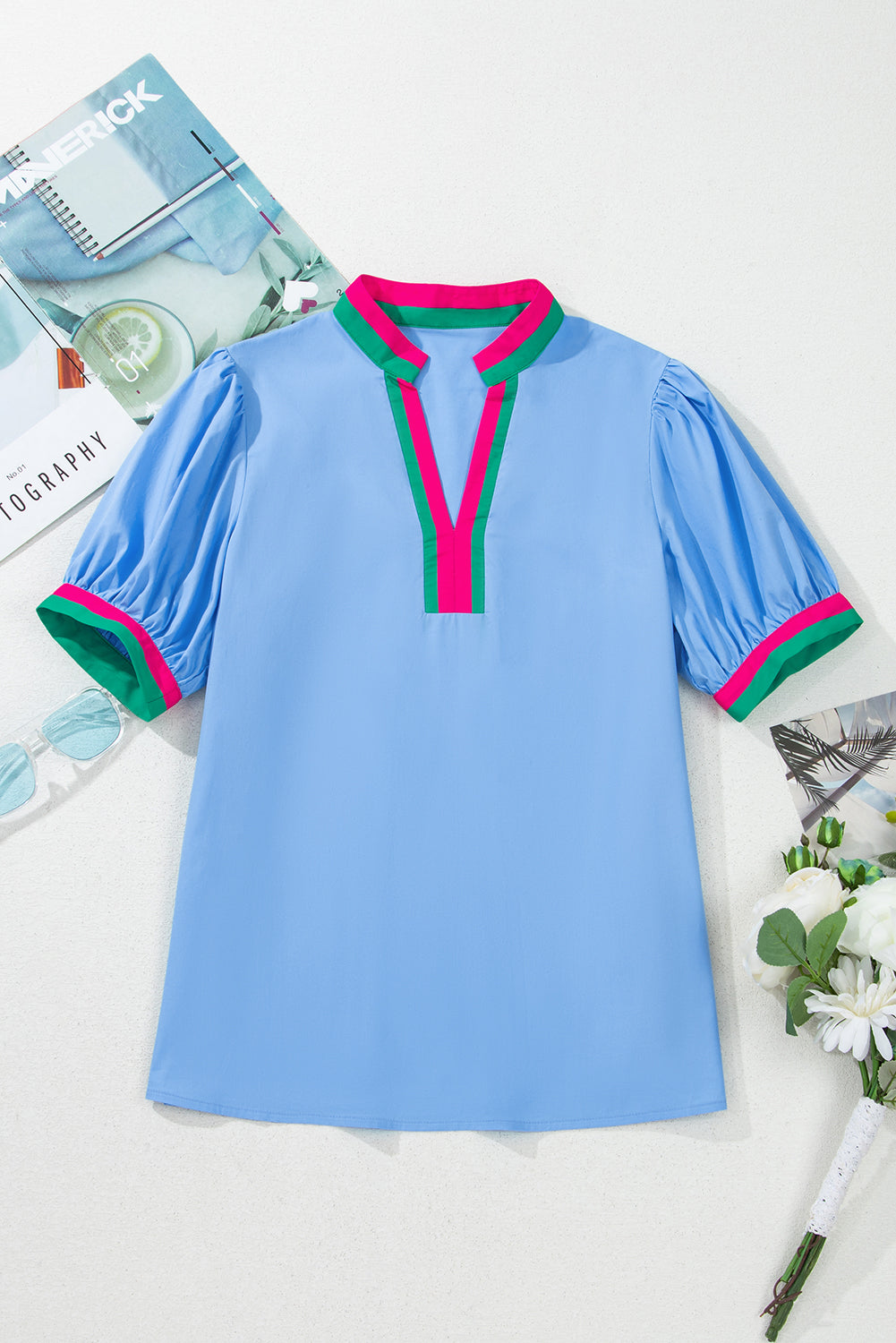 Sky Blue Puff Sleeve Pop of Color Neckline Blouse - The Fair Lady Shop