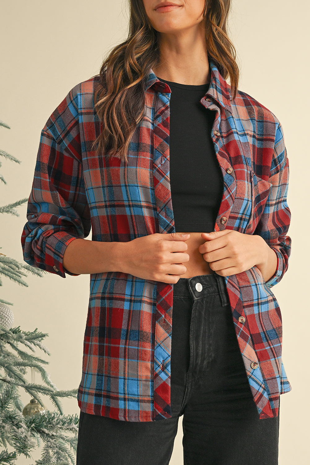 Red Plaid Print Drop Sleeve Loose Shirt - The Fair Lady Shop