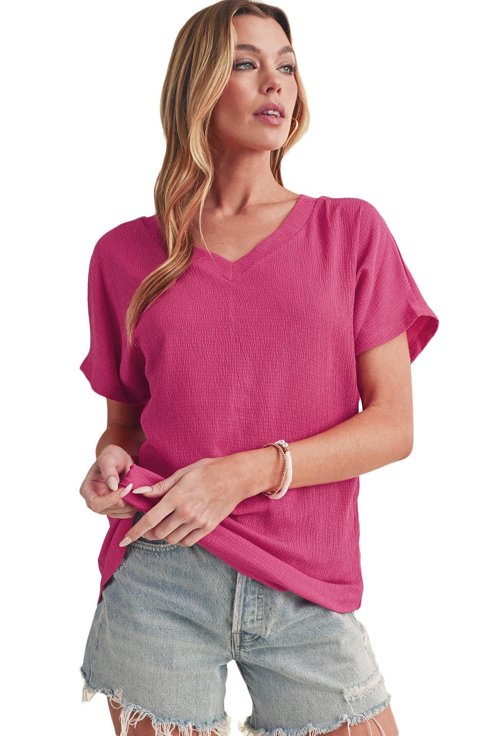 Blue Plain Crinkled V Neck Flounce Sleeve T Shirt - The Fair Lady Shop