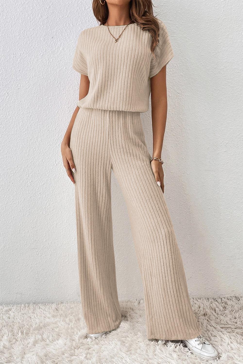 Grass Green Solid Color Ribbed Short Sleeve Wide Leg Jumpsuit - The Fair Lady Shop