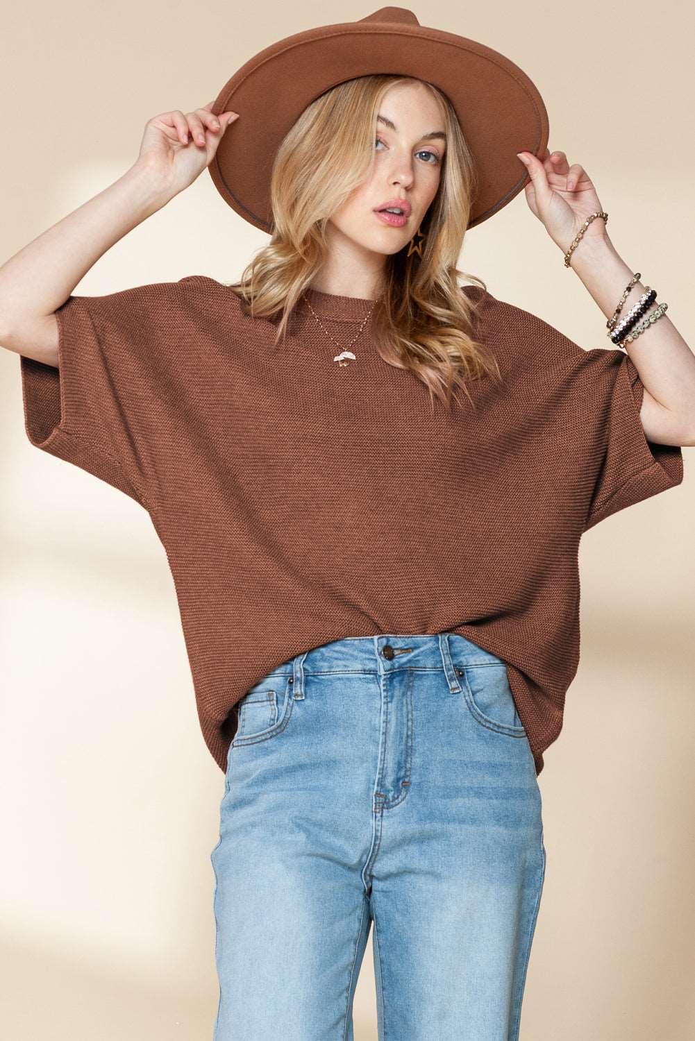 Apricot Mock Neck Short Batwing Sleeve Sweater - The Fair Lady Shop
