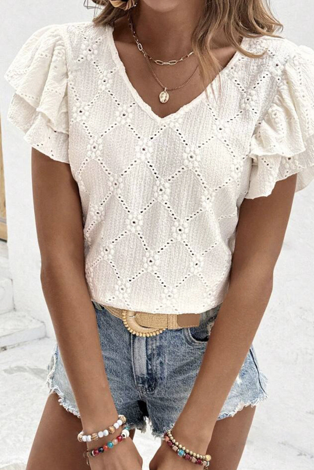 White Eyelet V-Neck Ruffle Sleeve Top - The Fair Lady Shop
