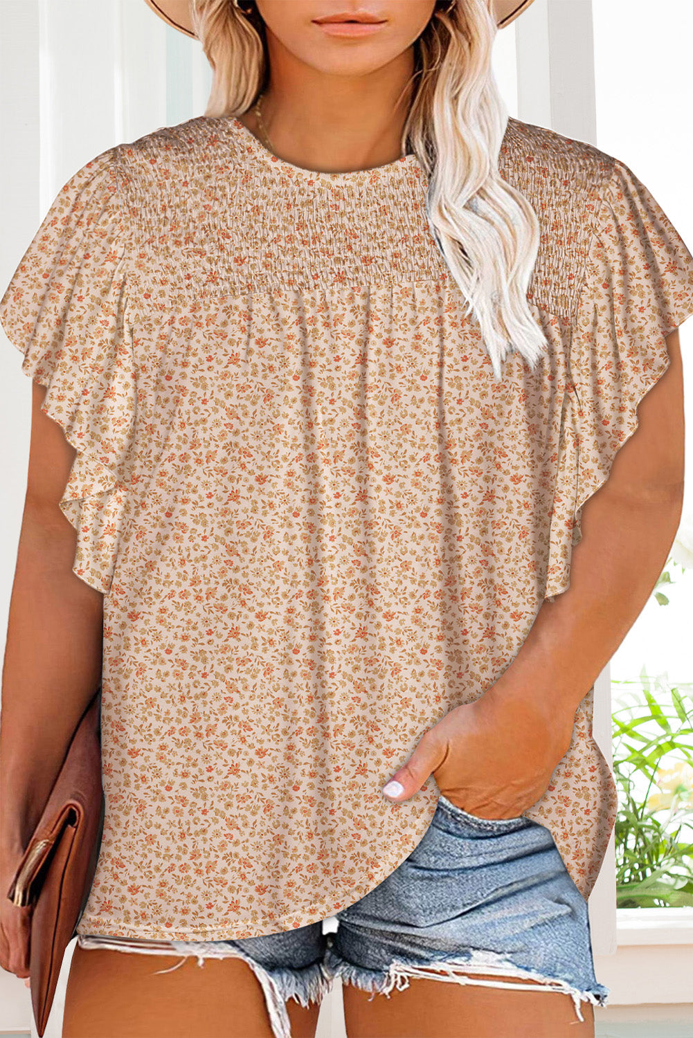 Apricot Plus Size Smocked Ditsy Floral Ruffle Blouse - The Fair Lady Shop