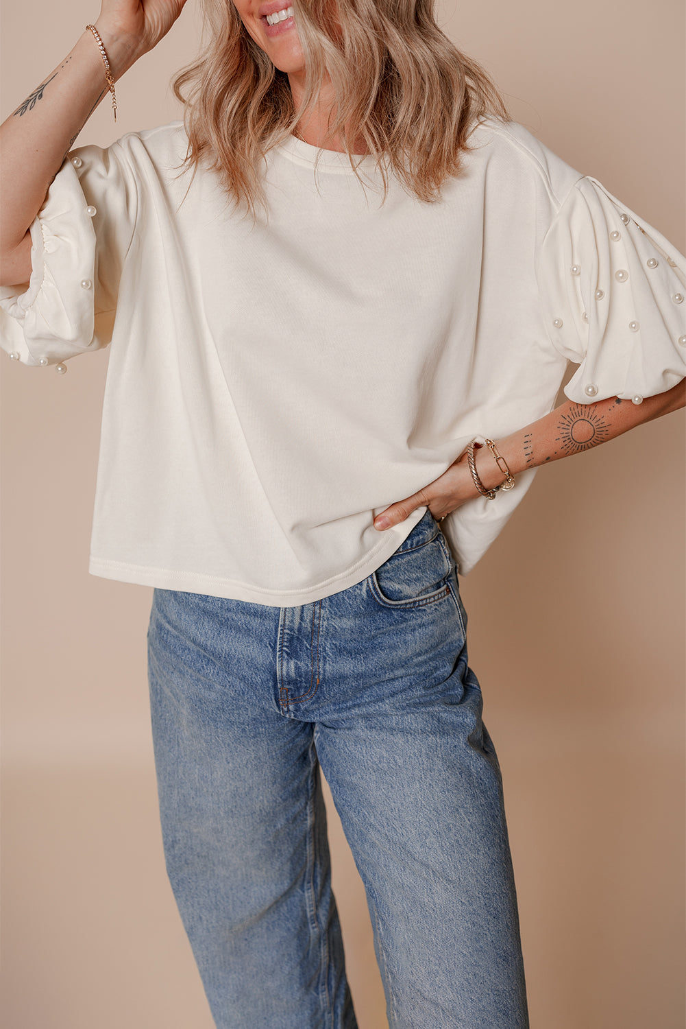White Pearled Puff Sleeve Round Neck Loose Top - The Fair Lady Shop
