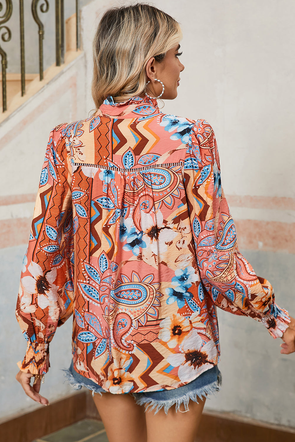 Orange Floral Print Shirred Cuff Buttoned Loose Fit Shirt - The Fair Lady Shop