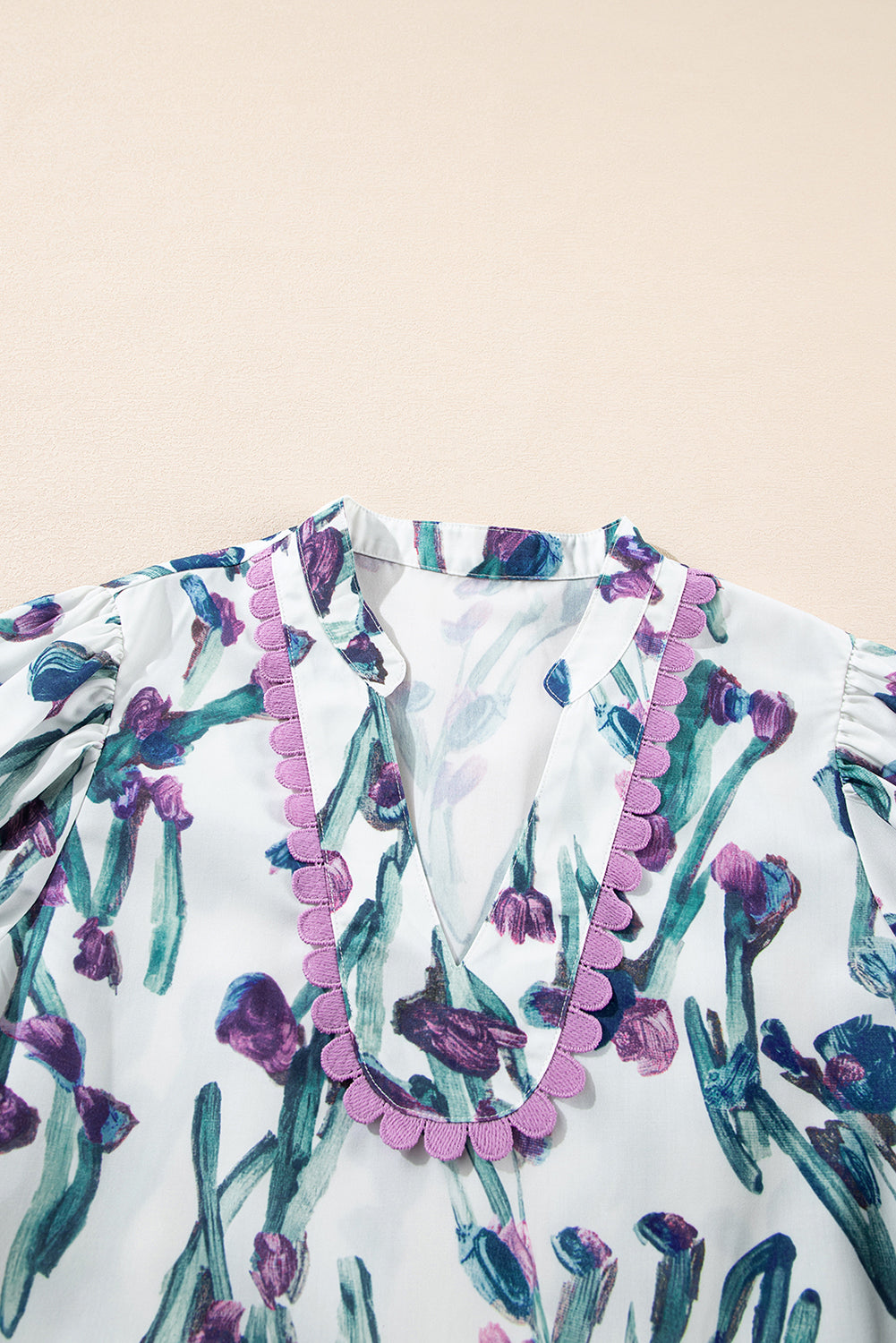 Purple Floral Ricrac Trim Puff Sleeve Peplum Blouse - The Fair Lady Shop