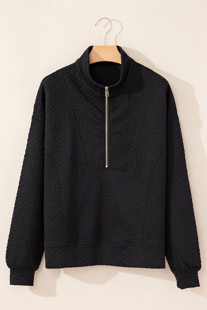 Black Solid Textured Half Zipper Collared Sweatshirt - The Fair Lady Shop