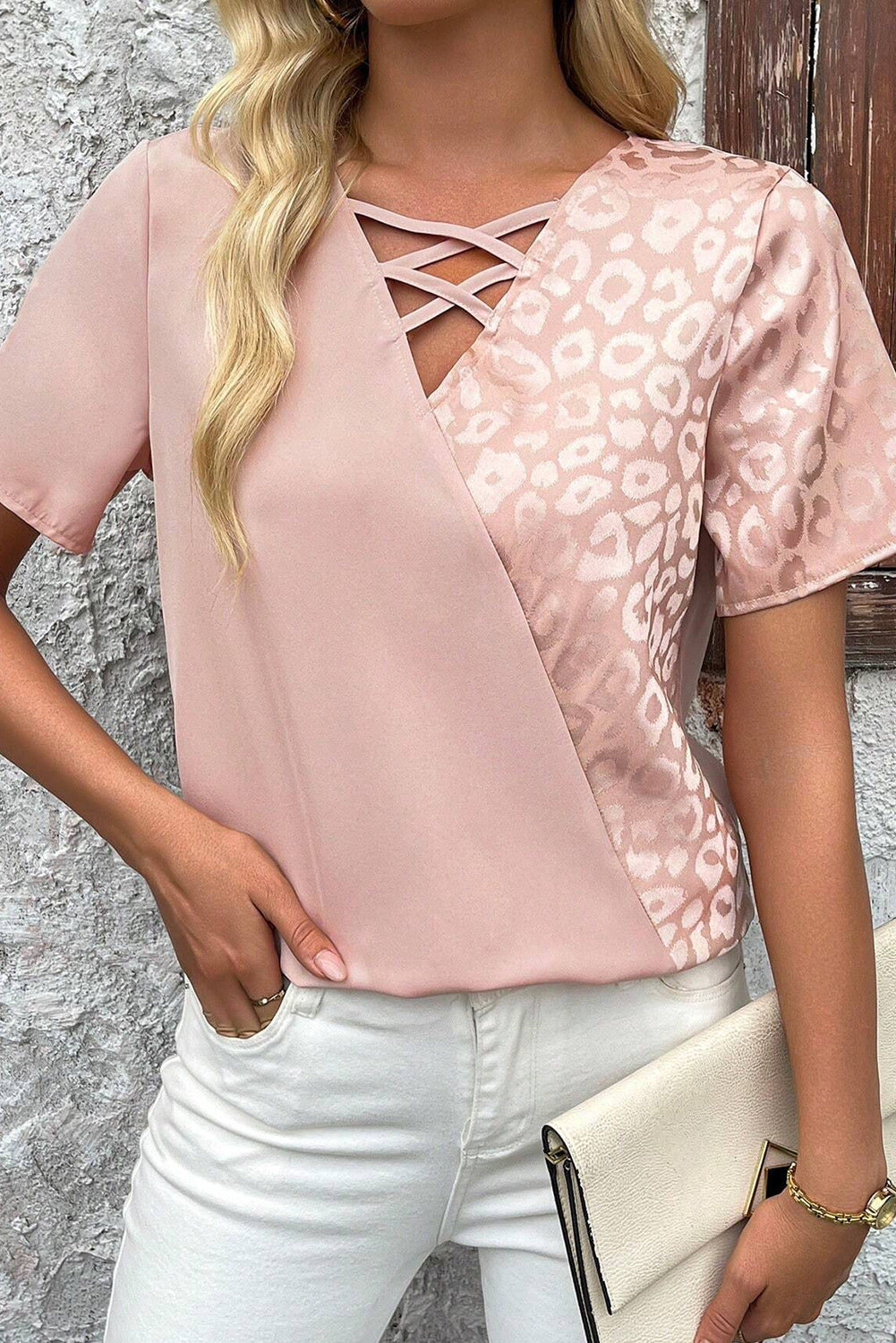 Apricot Pink Leopard Patchwork Cross Strappy V Neck Blouse - The Fair Lady Shop