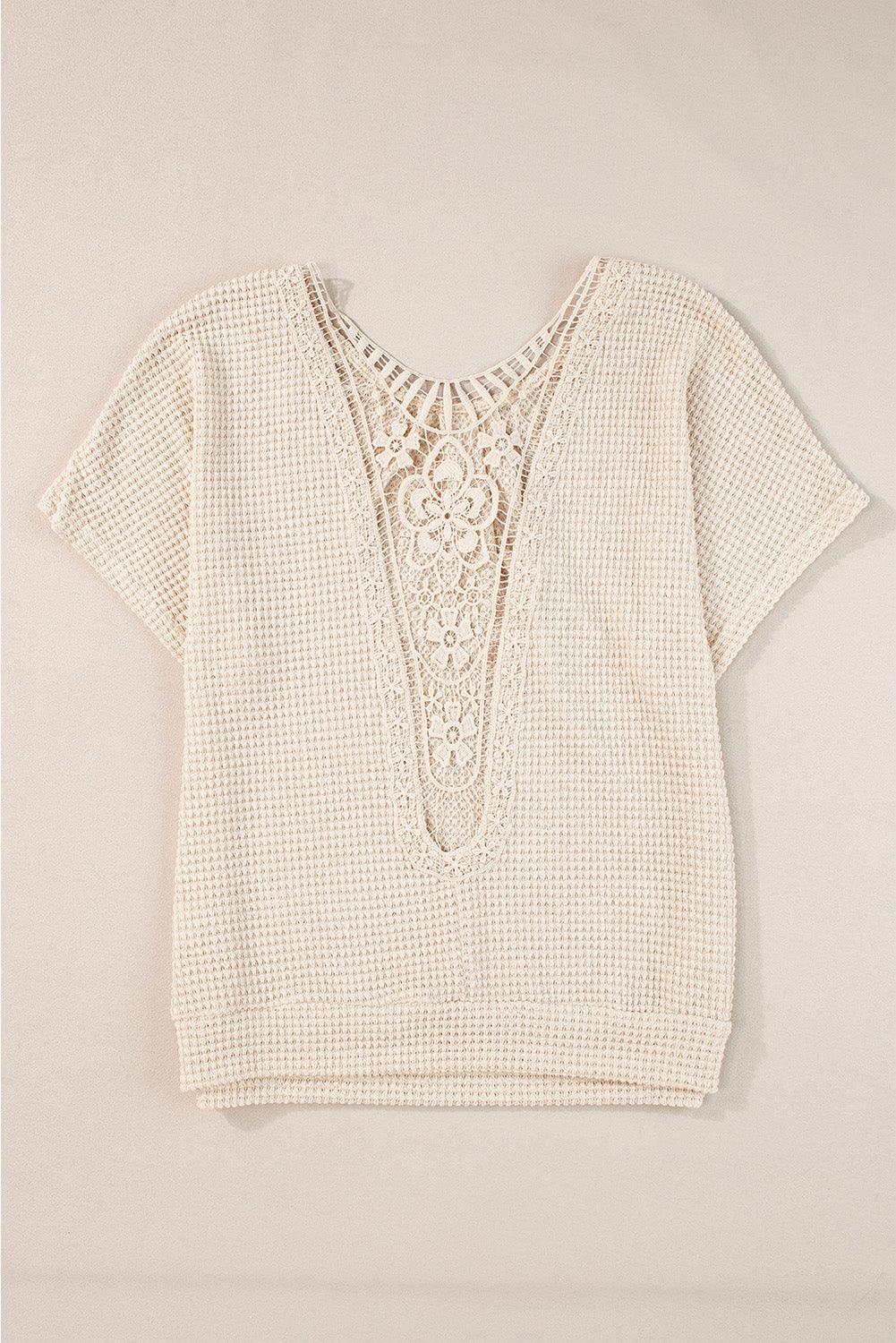 Oatmeal Guipure Lace Splicing Back Waffle Textured T-shirt - The Fair Lady Shop