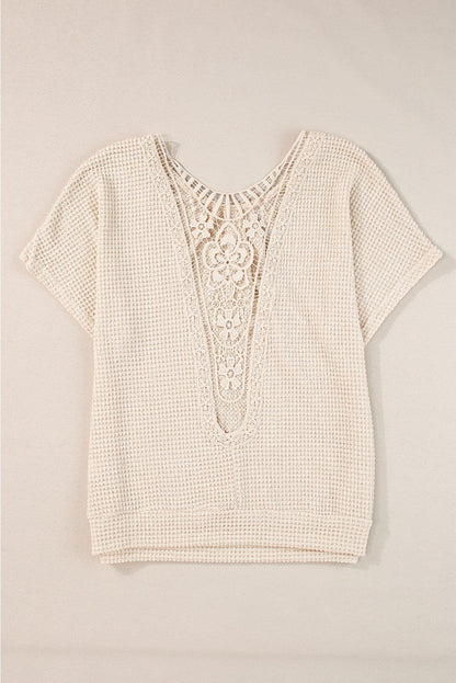 Oatmeal Guipure Lace Splicing Back Waffle Textured T-shirt - The Fair Lady Shop