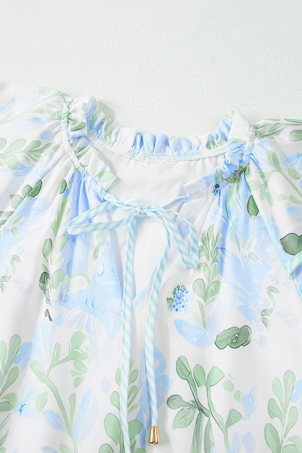 Sky Blue Floral Contrast Edge Ruffle Sleeve Tie Neck Mini Dress - The Fair Lady Shop