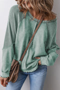 Mineral Blue Waffle Patchwork Raglan Sleeve Exposed Seam Sweatshirt - The Fair Lady Shop