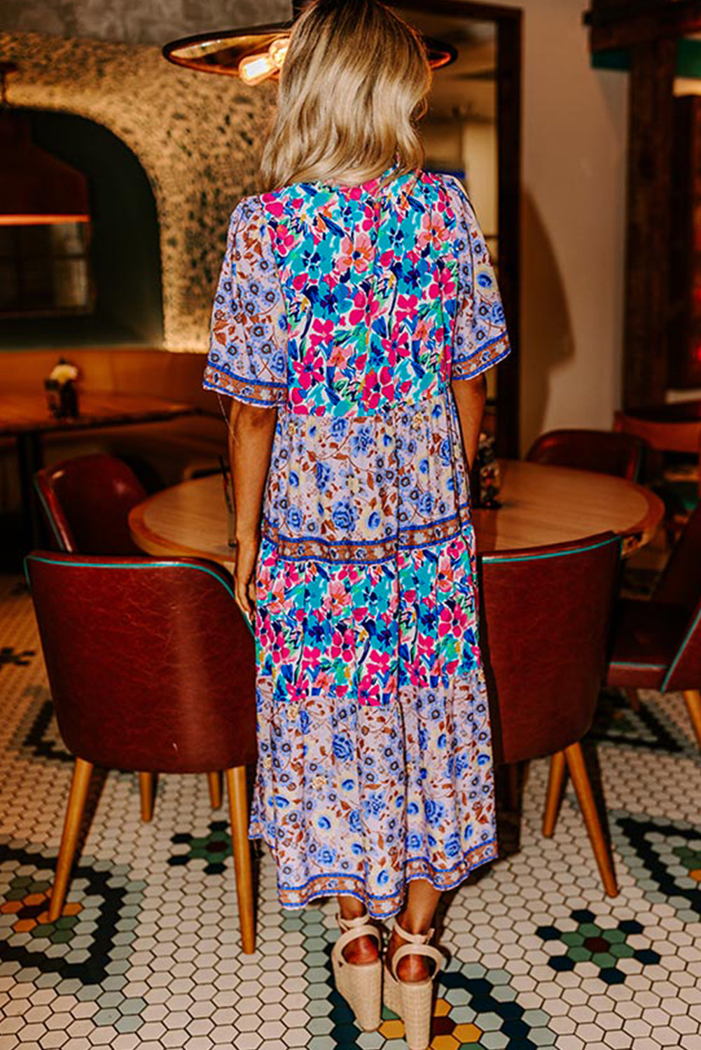 Sky Blue Mixed Floral Print Tie Split Neck Short Sleeve Dress - The Fair Lady Shop