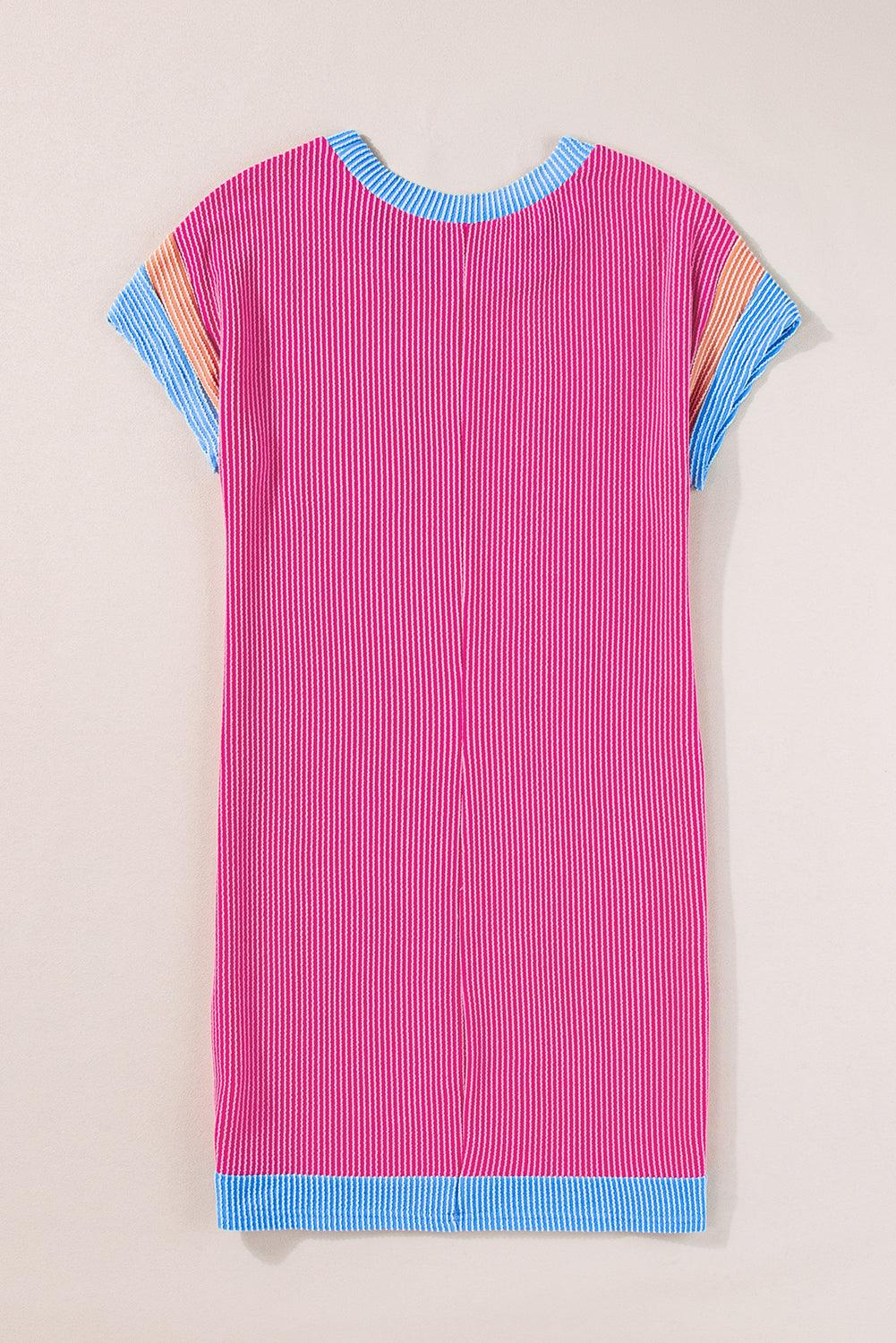 Light French Beige Rib Textured Colorblock Pocket T Shirt Dress - The Fair Lady Shop