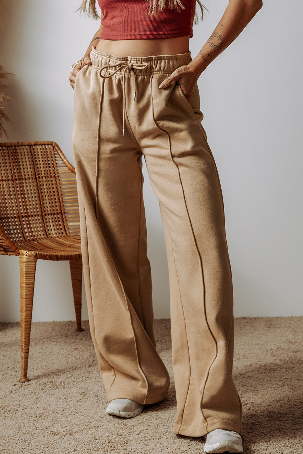Smoke Gray Exposed Seam Drawstring High Waist Wide Leg Pants - The Fair Lady Shop