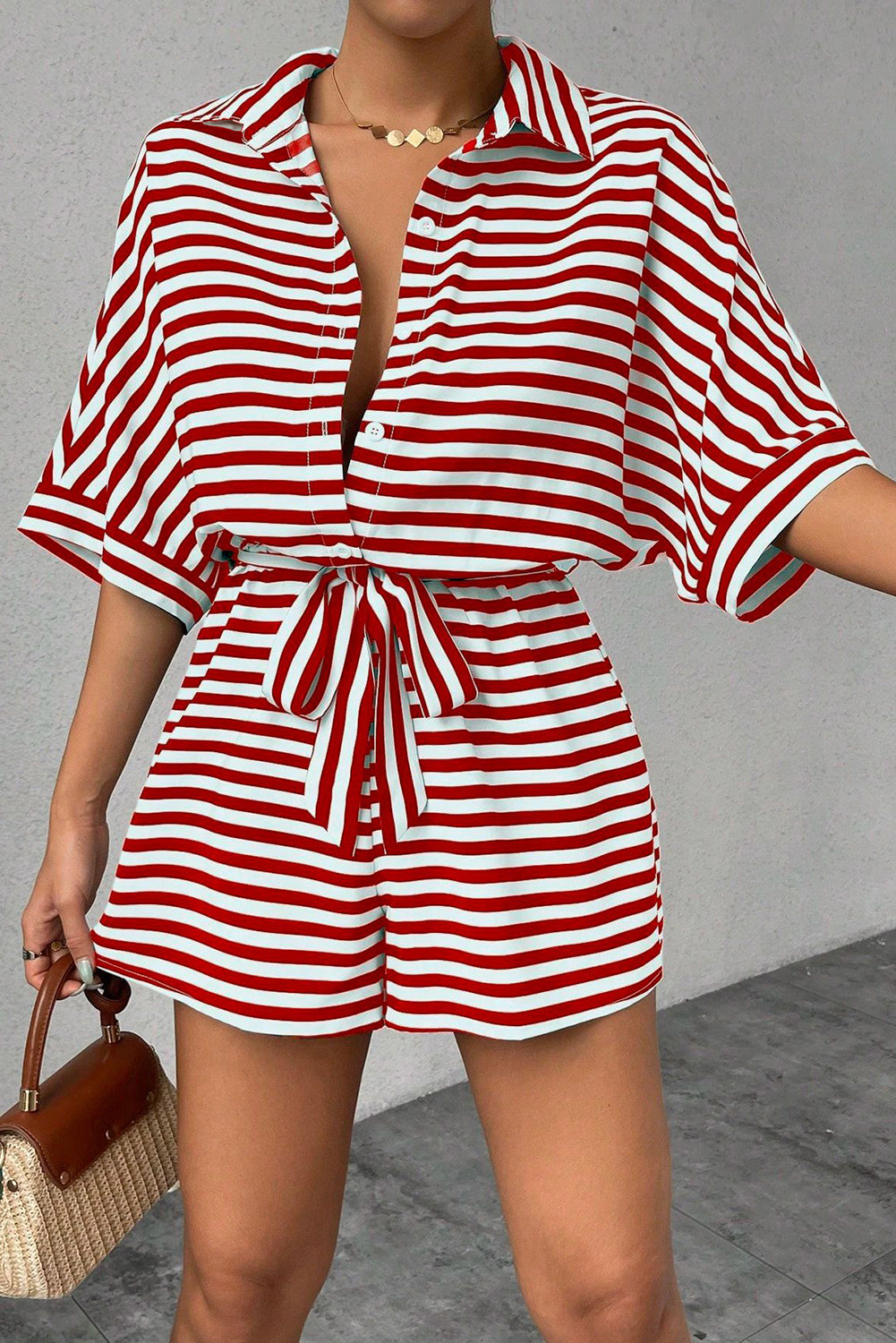 Red Stripe Button Collared Mid Sleeve Belted Romper - The Fair Lady Shop