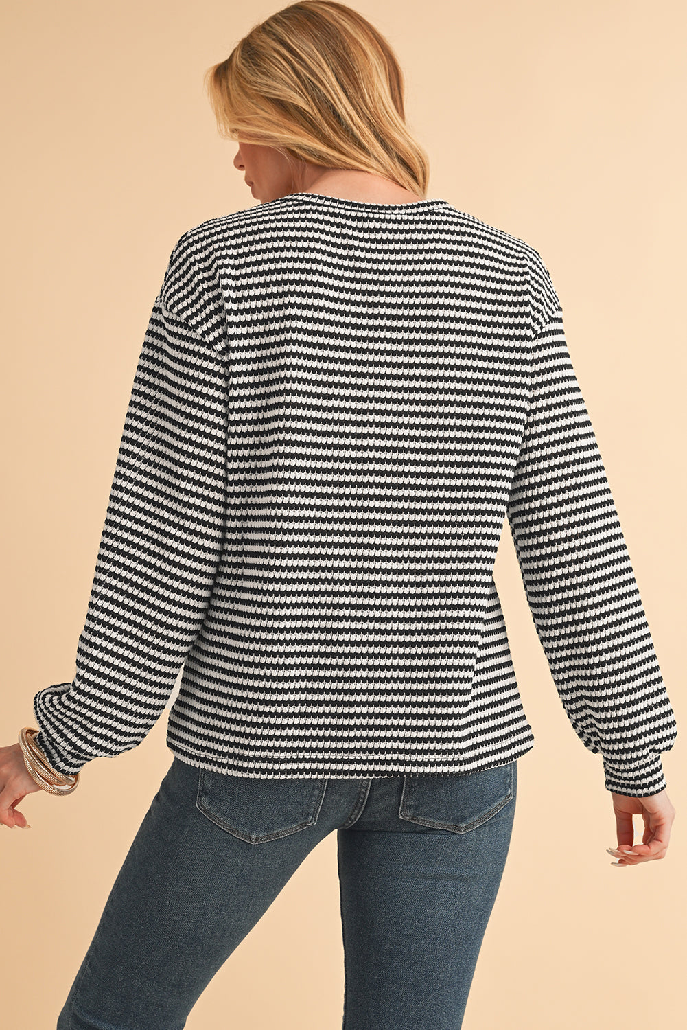 Black Striped Round Neck Drop Shoulder Long Sleeve Top - The Fair Lady Shop