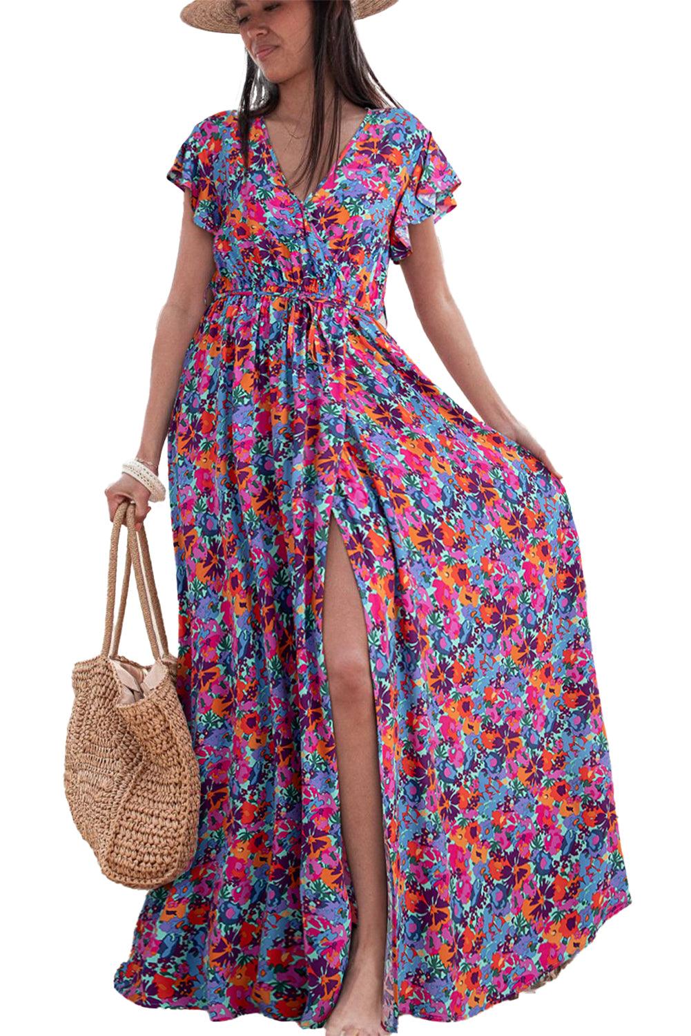 Blue Boho Floral Print V Neck Wrap Split Maxi Dress - The Fair Lady Shop