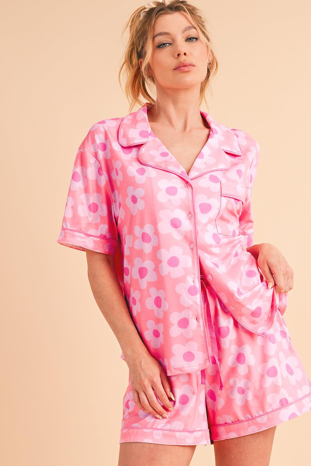Green Flower Print Buttoned Shirt and Drawstring Waist Pajama Set - The Fair Lady Shop
