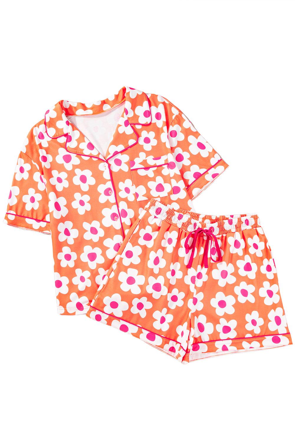 Green Flower Print Buttoned Shirt and Drawstring Waist Pajama Set - The Fair Lady Shop