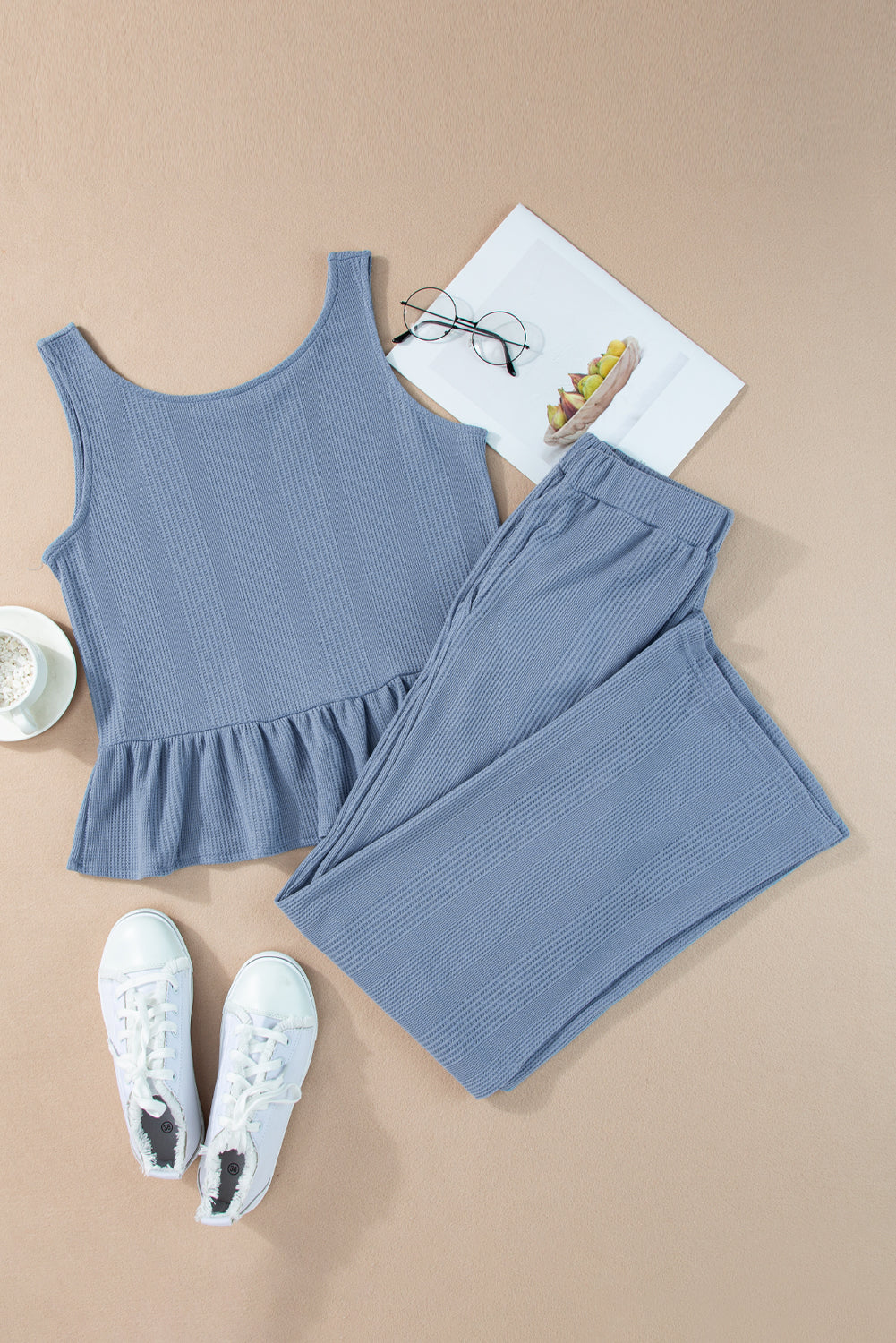 Beau Blue Solid Color Ribbed Ruffle Tank Top and Pants Set - The Fair Lady Shop