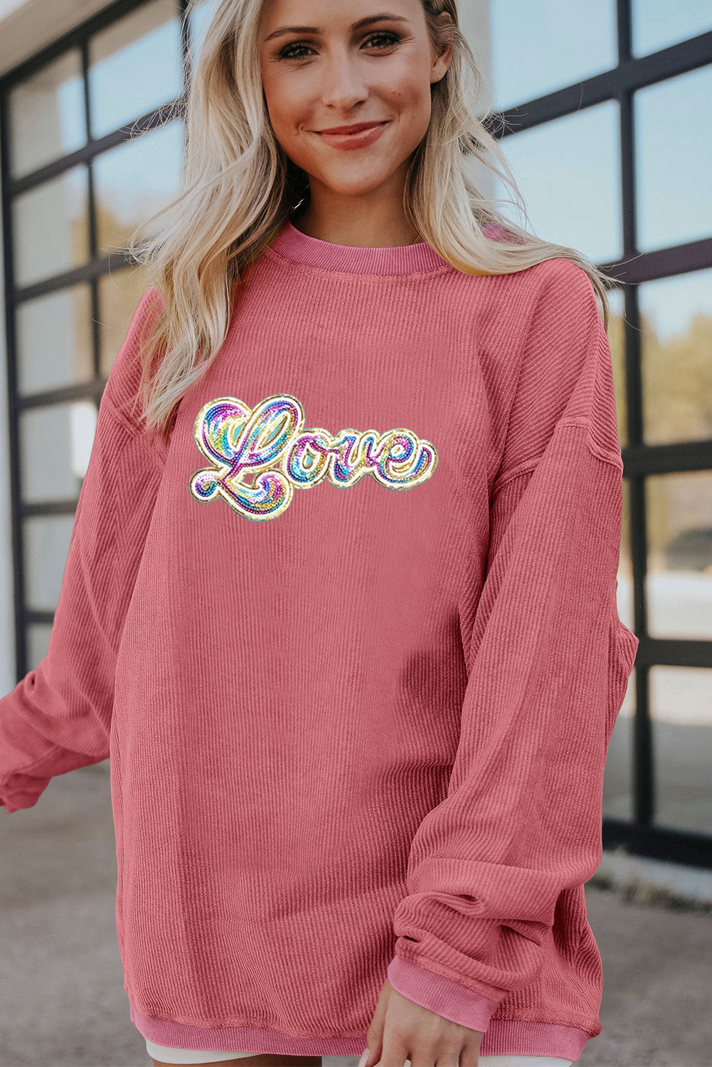 Strawberry Pink Sequin Love Graphic Corded Valentines Sweatshirt - The Fair Lady Shop