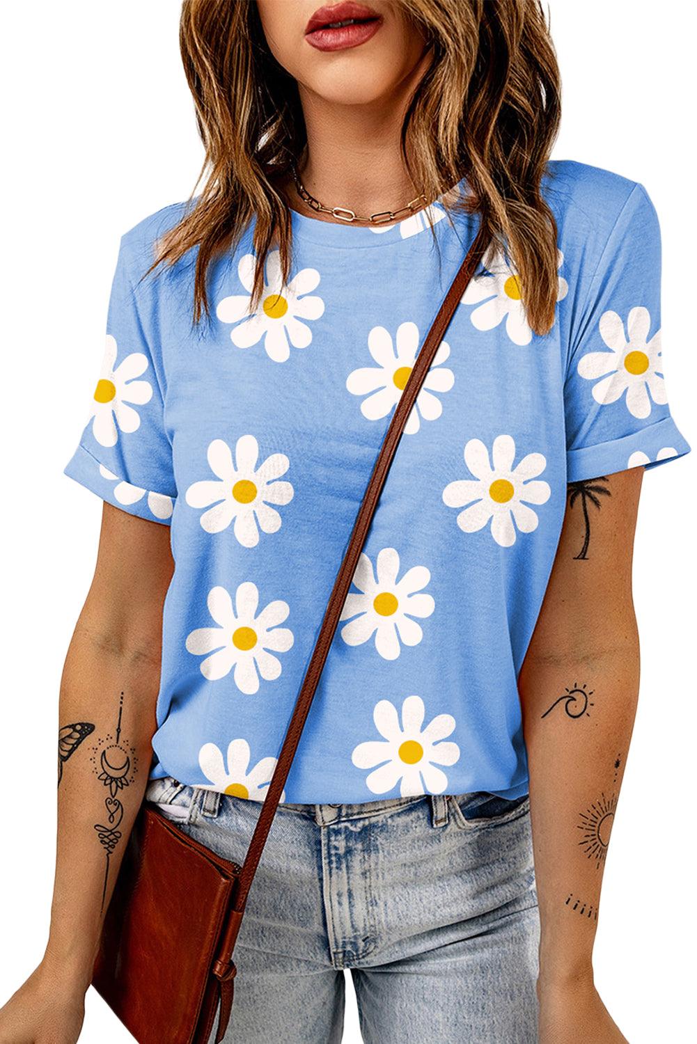 Sky Blue Daisy Print Crewneck T Shirt - The Fair Lady Shop