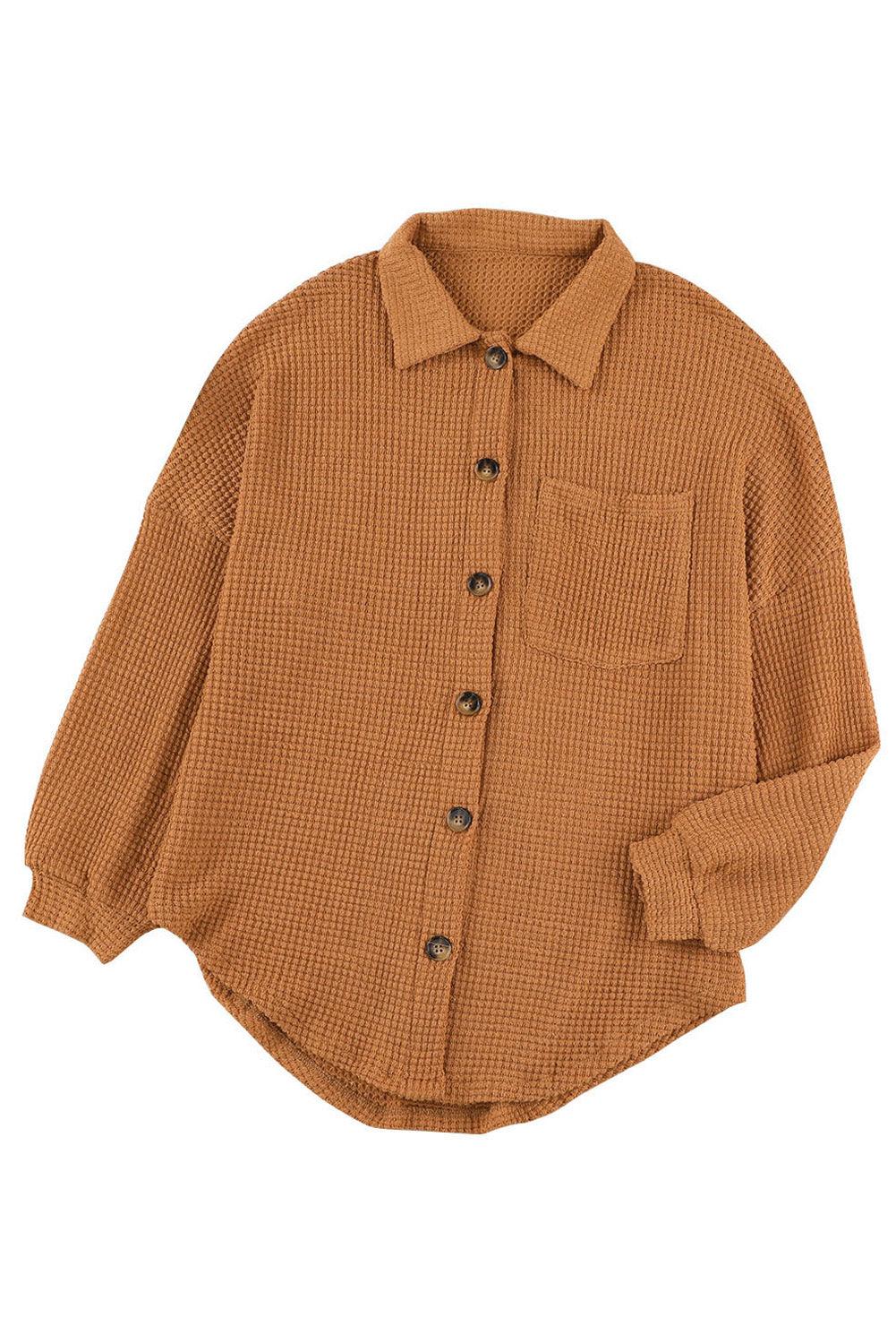 Khaki Waffle Knit Pocket Button Front Shacket - The Fair Lady Shop