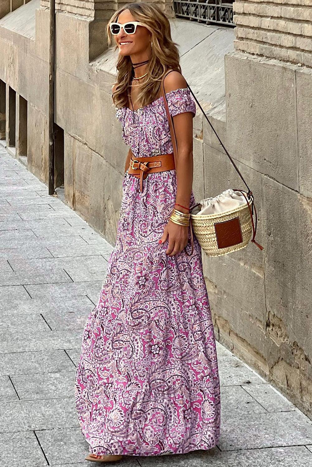 Pink Boho Paisley Print Off Shoulder Maxi Dress - The Fair Lady Shop