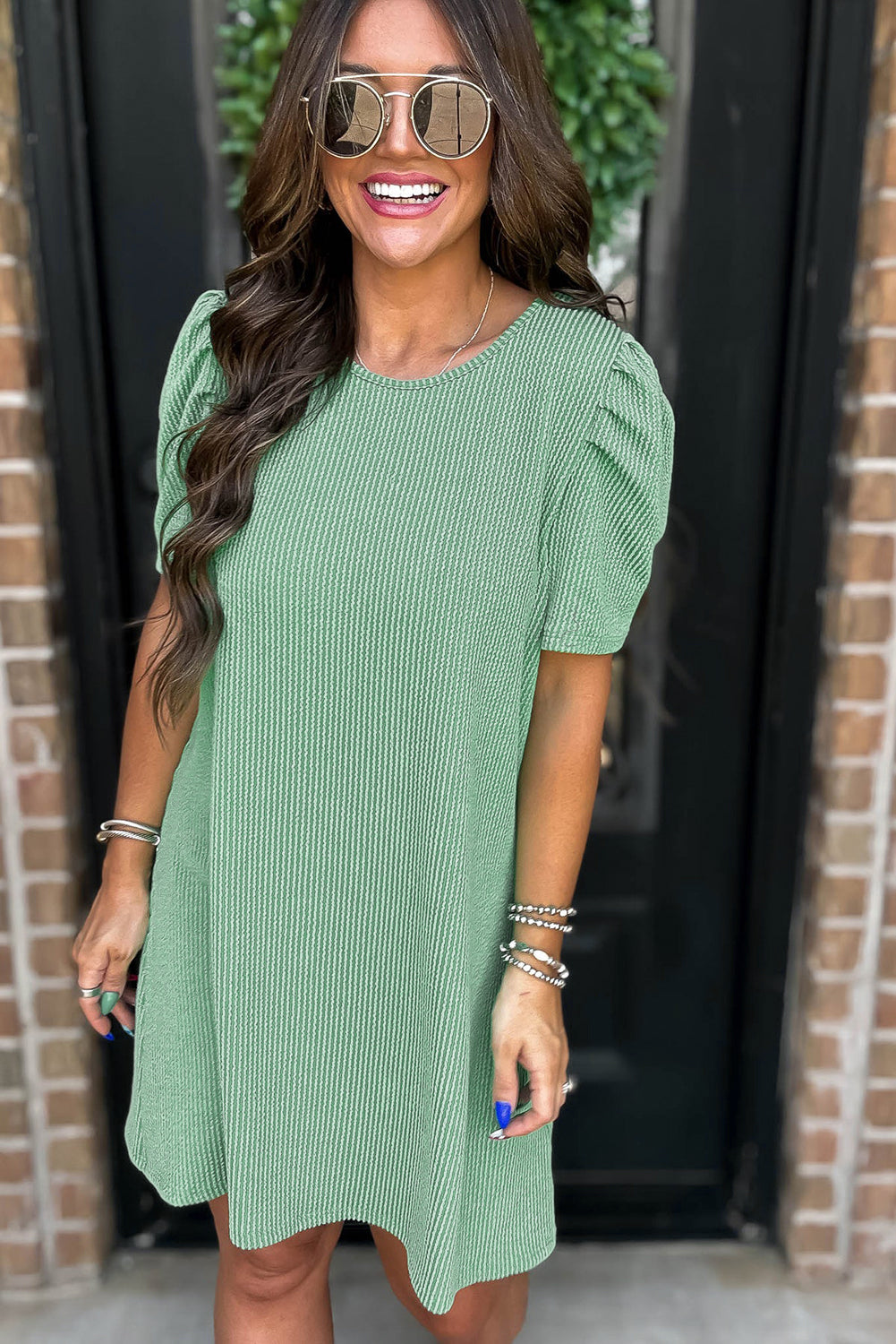 Mint Green Corded Crew Neck Puff Sleeve Mini Dress - The Fair Lady Shop