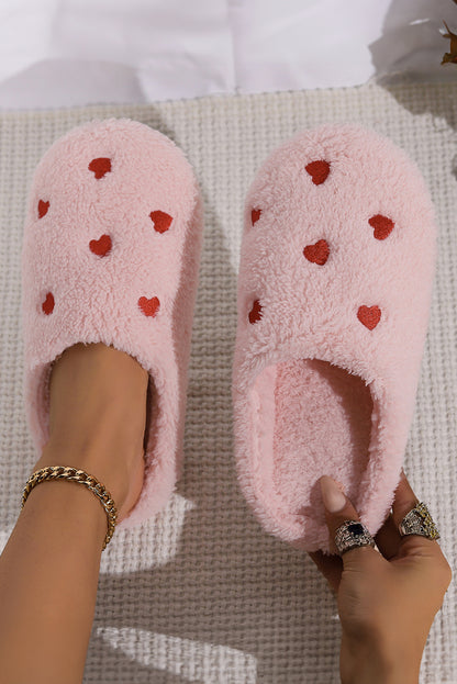 Pink Heart Shape Embroidered Slip On Plush Slippers - The Fair Lady Shop