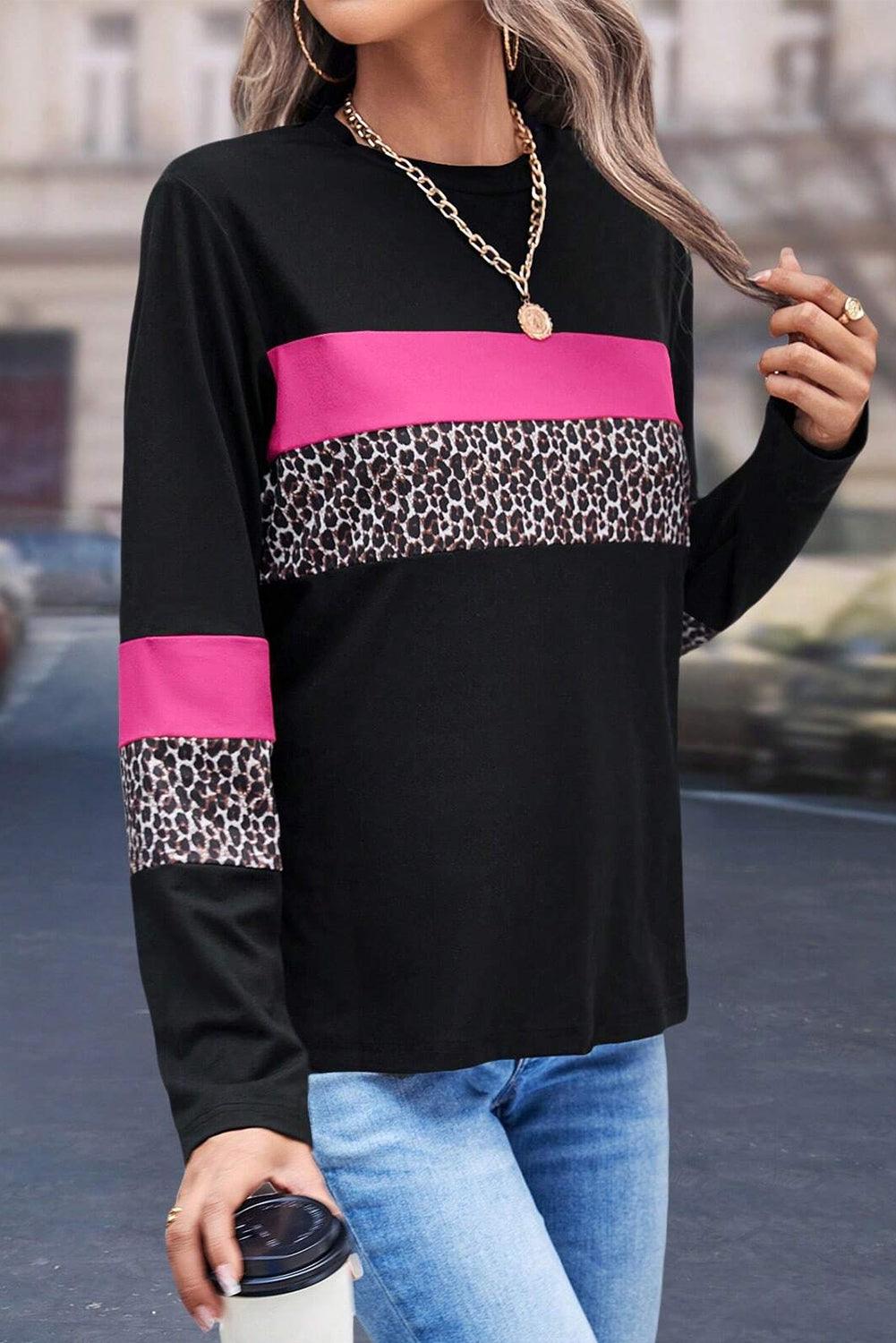 White Leopard Colorblock Patchwork Crew Neck Top - The Fair Lady Shop