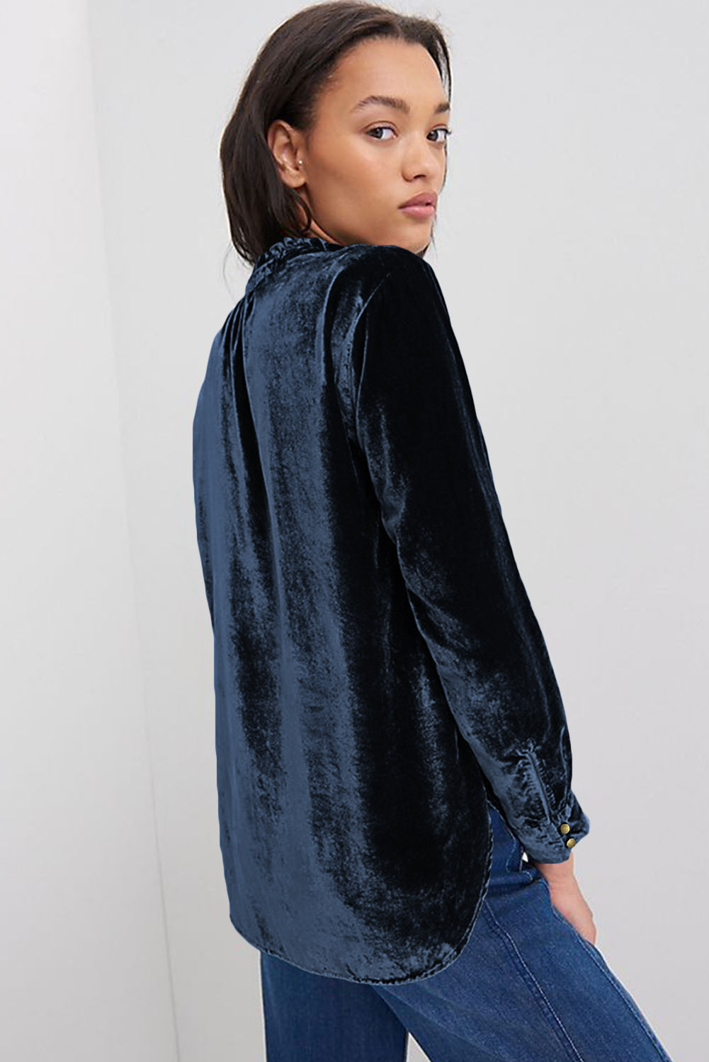Navy Blue Frilled Buttoned V Neck Velvet Blouse - The Fair Lady Shop