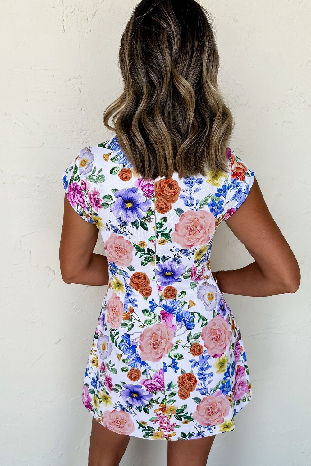 Sky Blue Vibrant Floral Print Cap Sleeve Mini Dress - The Fair Lady Shop