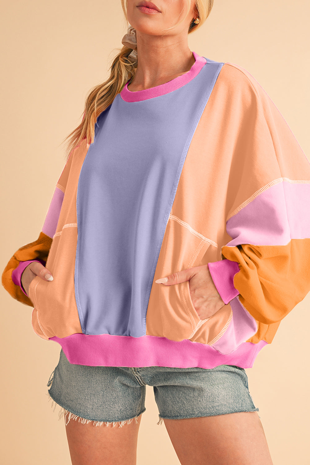 Orchid Petal Colorblock Patchwork Drop Shoulder Top - The Fair Lady Shop