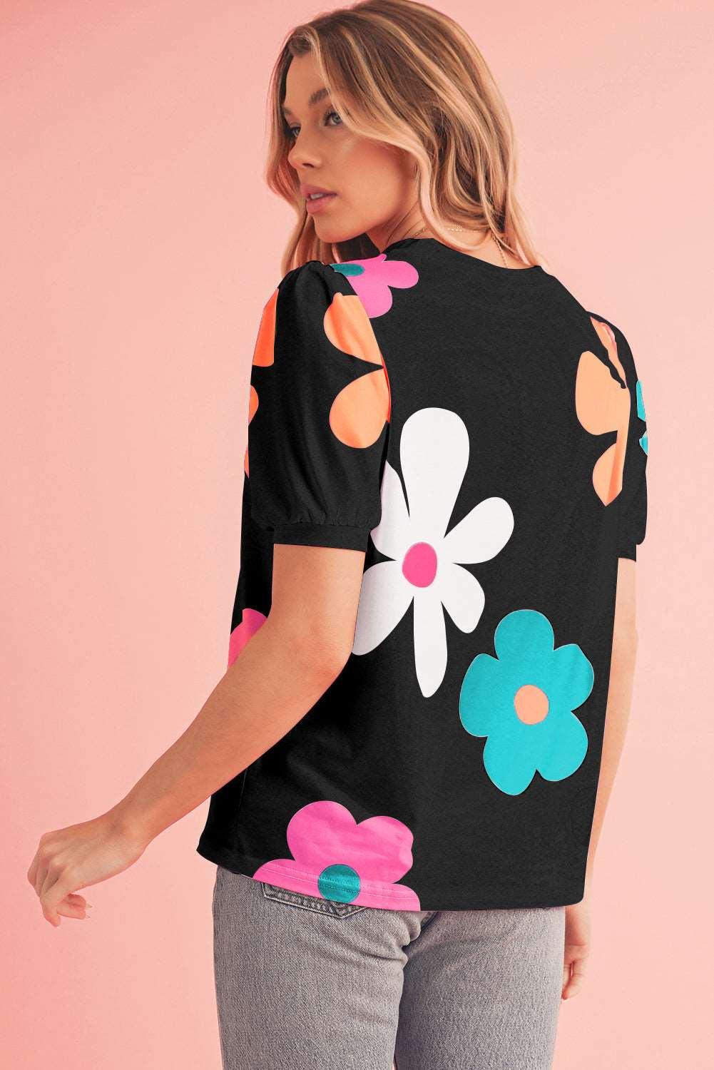 Apricot Colorful Flower Print Bubble Sleeve Tee - The Fair Lady Shop