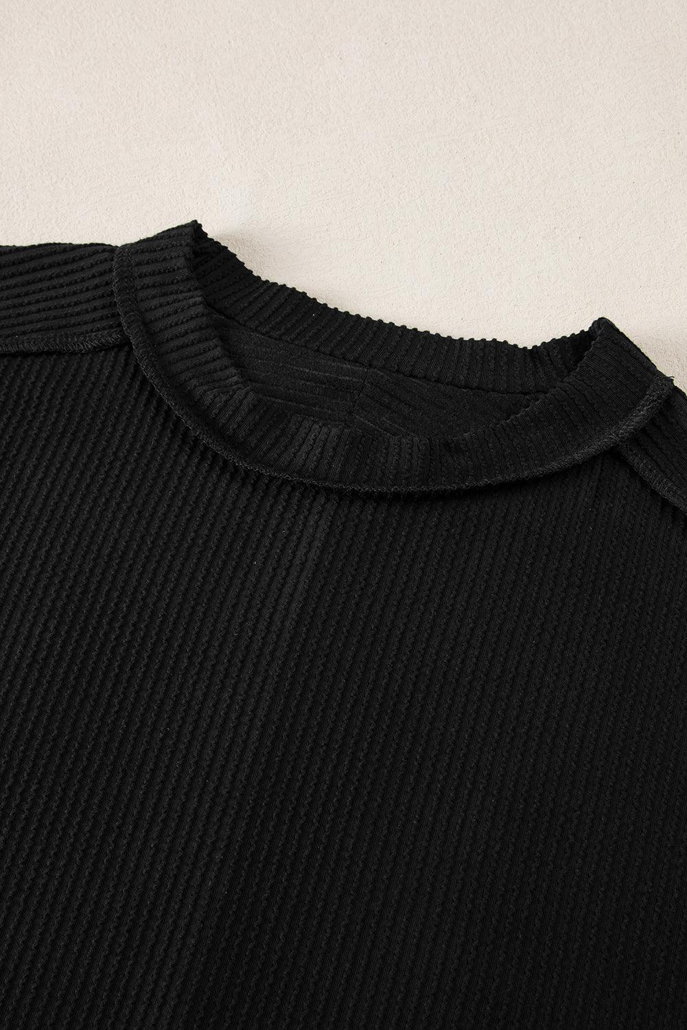 Medium Grey Ribbed Knit Exposed Seam Round Neck T-shirt - The Fair Lady Shop