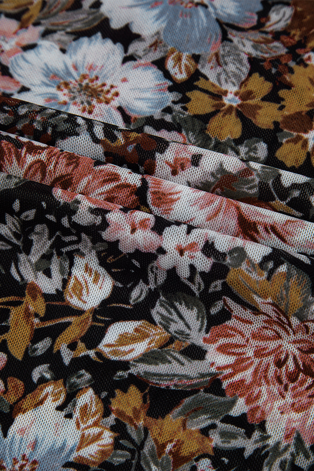Brown Floral Print Mesh Mock Neck Slim Top - The Fair Lady Shop