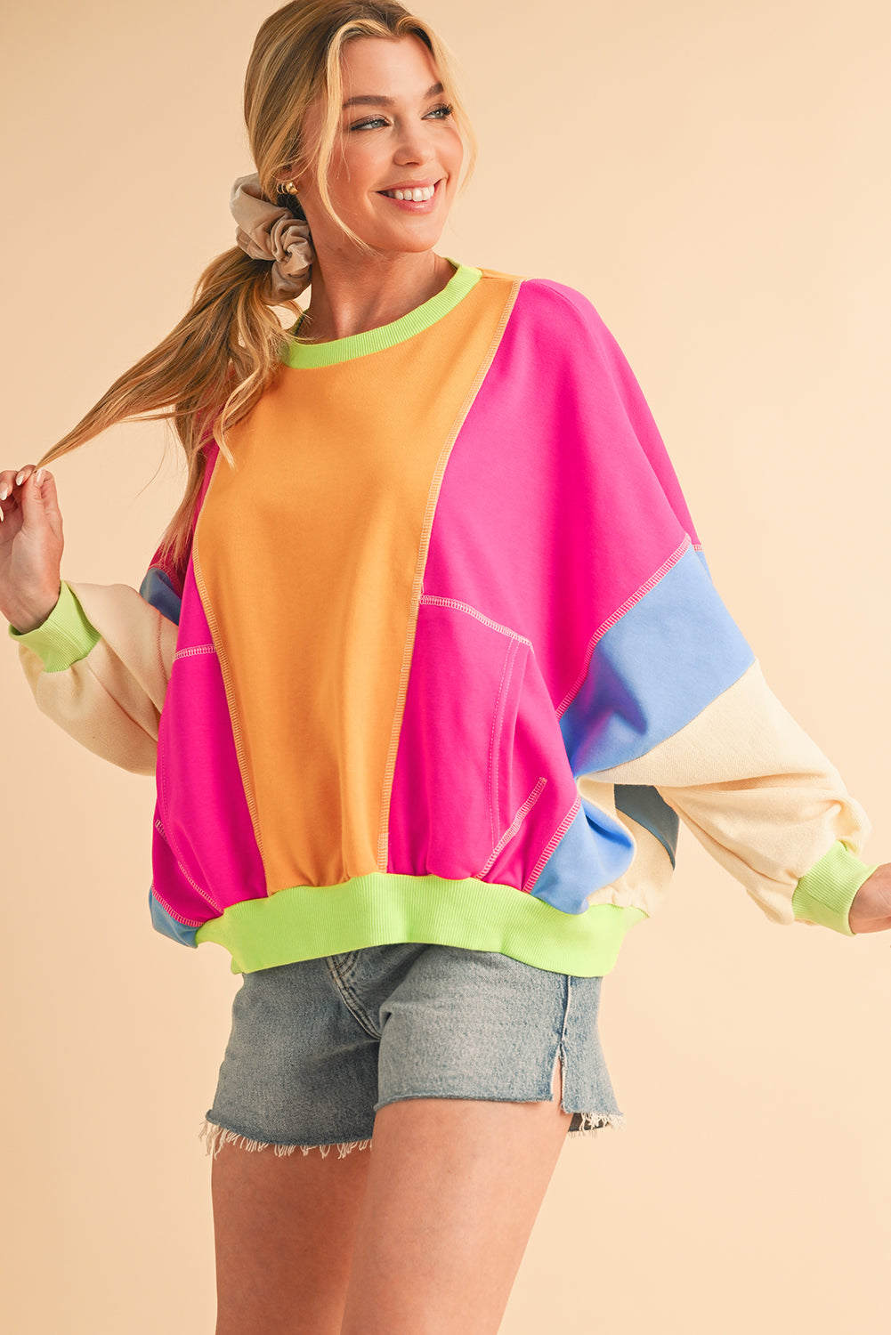 Grapefruit Orange Colorblock Patchwork Drop Shoulder Top - The Fair Lady Shop