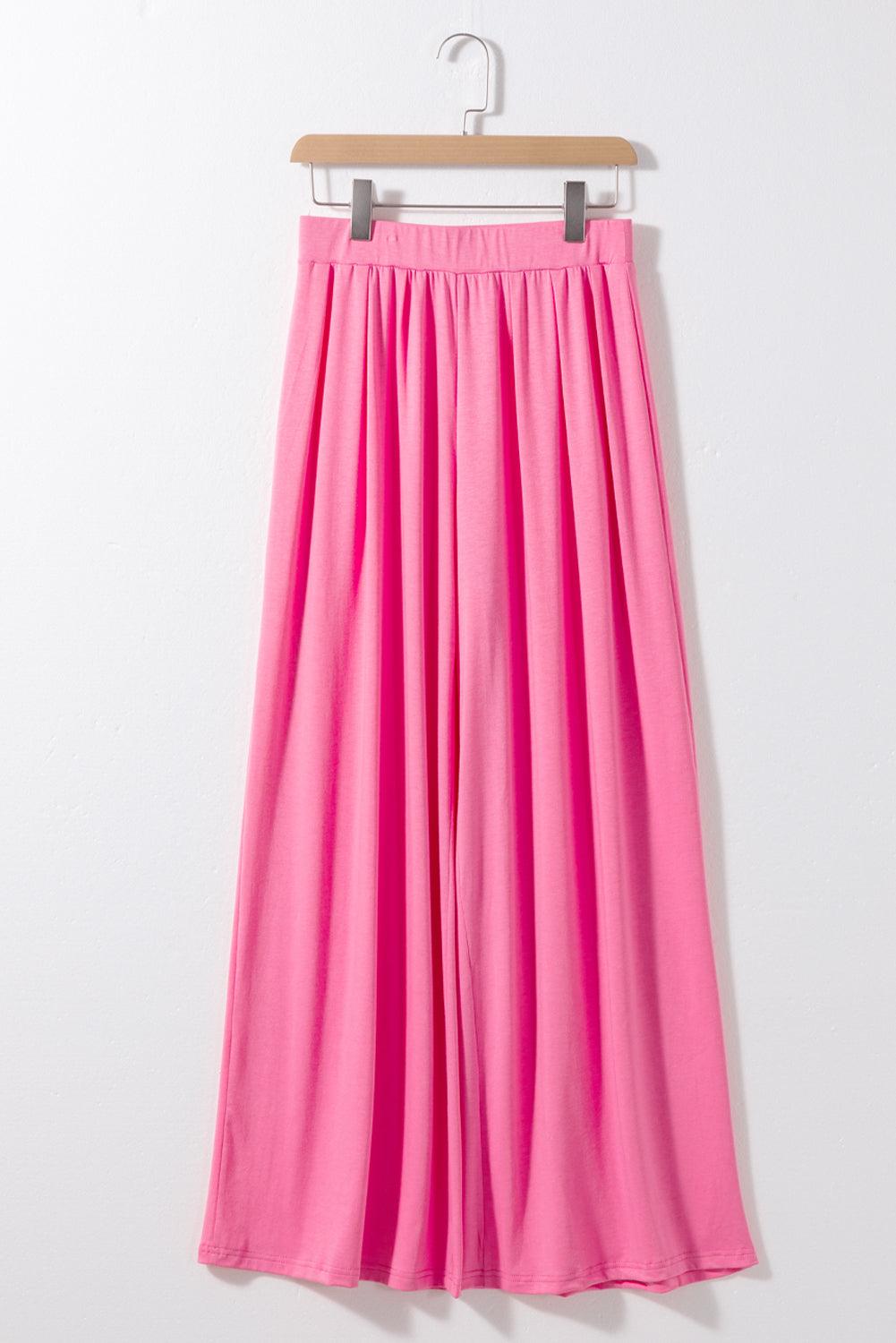 Strawberry Pink Plain Slim Fit Crop Top And Wide Leg Pants Set - The Fair Lady Shop