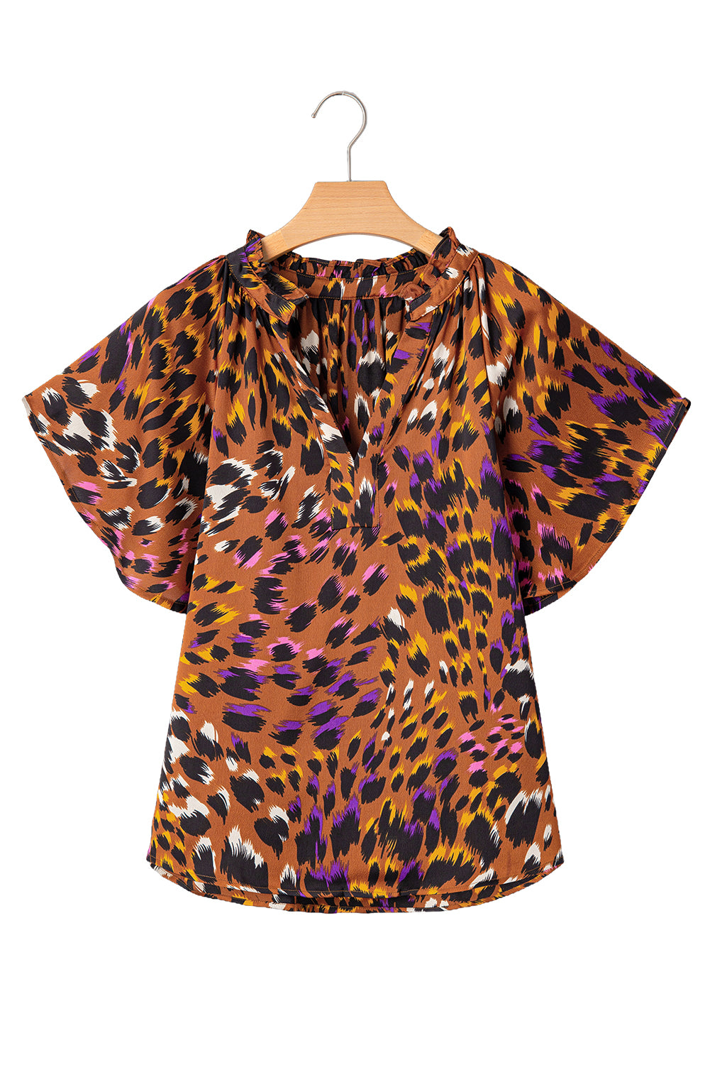 Orange Leopard Printed Short Sleeve Slit V Neck Blouse - The Fair Lady Shop