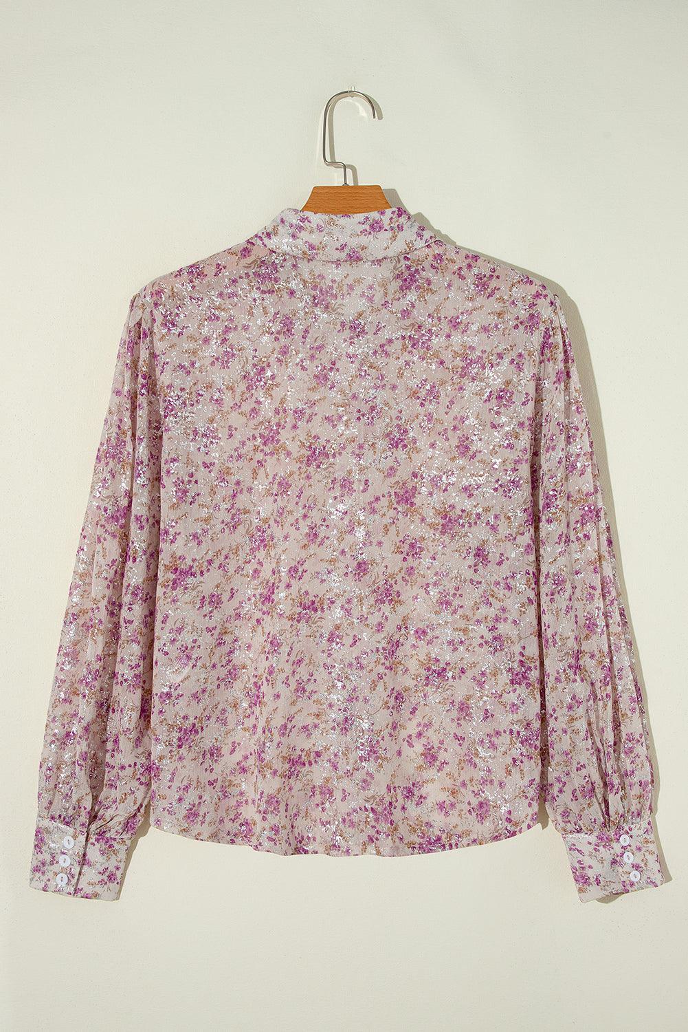 Pink Ditsy Floral Print Bishop Sleeve Collared V Neck Shirt - The Fair Lady Shop