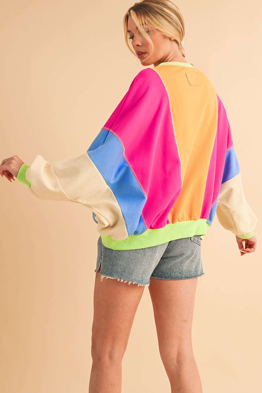 Grapefruit Orange Colorblock Patchwork Drop Shoulder Top - The Fair Lady Shop