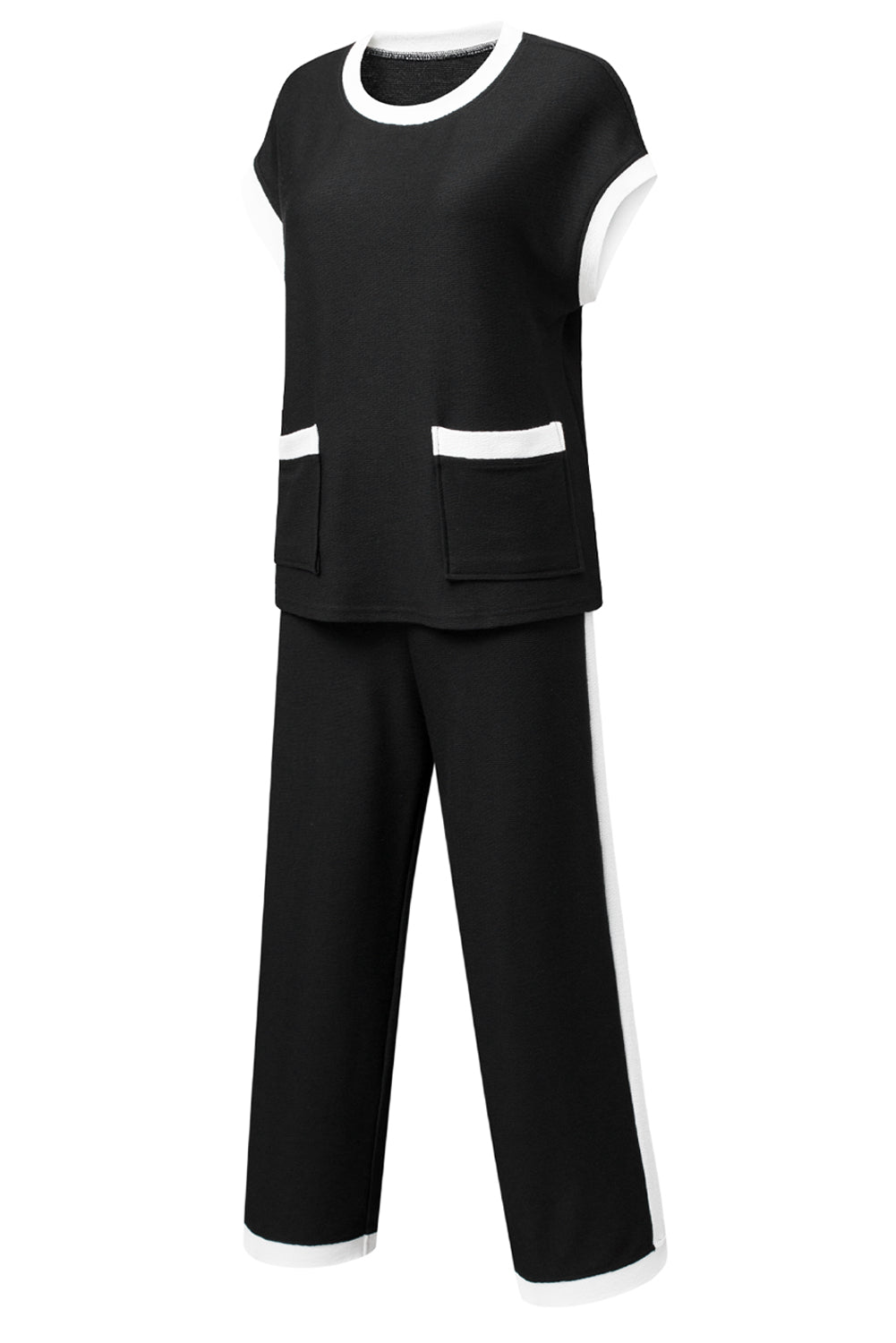 Black Contrast Trim Pocket T Shirt and Wide Leg Pants Set - The Fair Lady Shop